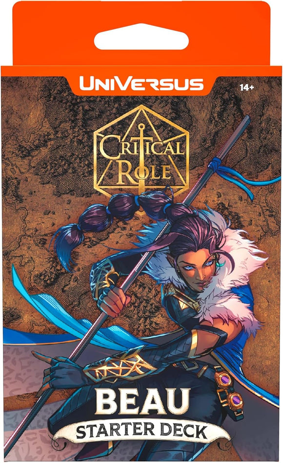 Universus Critical Role Beau Starter Deck packaging with a character holding a sword on a map background.