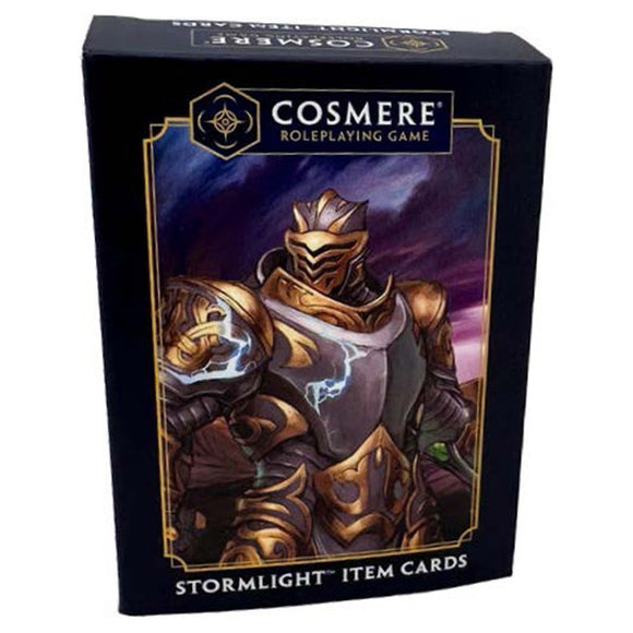Cosmere Roleplaying Game Stormlight Item Cards packaging with a character in ornate armor.