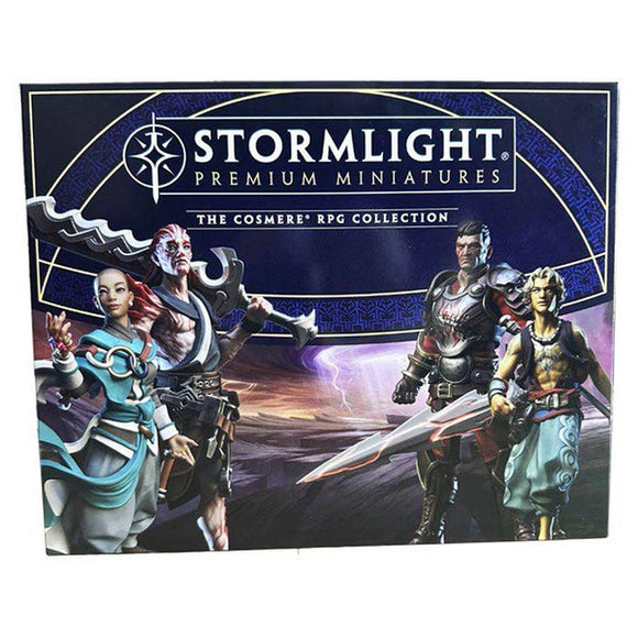 Box of Stormlight Premium Miniatures featuring fantasy characters on a white background
