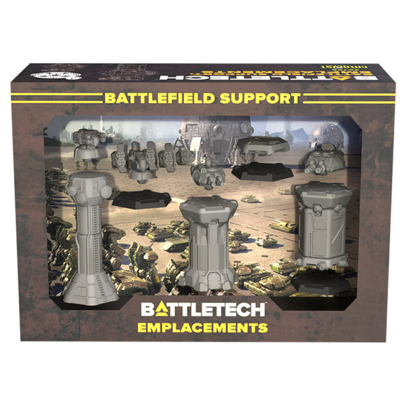Box of Battletech emplacements with game pieces on a white background