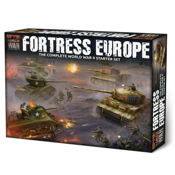 Box for 'Fortress Europe' game set featuring tanks and soldiers on a battlefield.