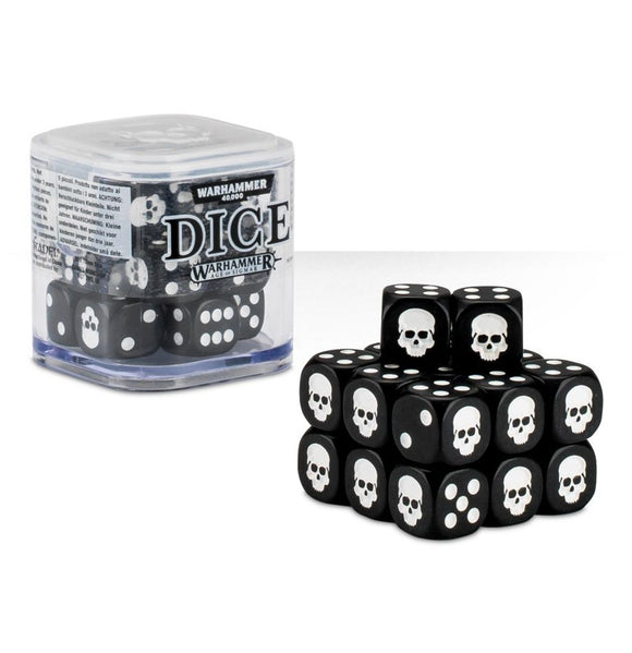 Set of black dice with skull designs on a white background, including a clear container labeled 'Warhammer Dice'.