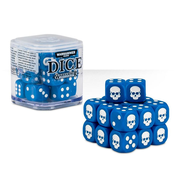 Blue dice with white skull patterns and Warhammer dice container on a white background