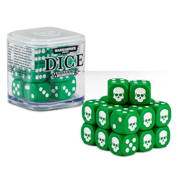 Green dice with skull design and Warhammer branding on a white background