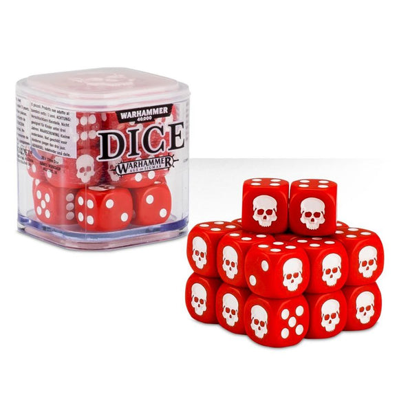 Red dice with white skull faces and Warhammer branding on a white background