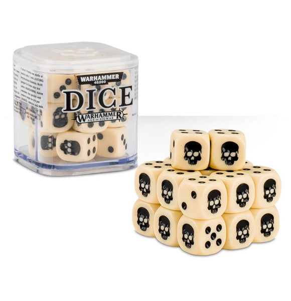 Set of dice with skull design on a white background, including a container labeled 'Warhammer'.