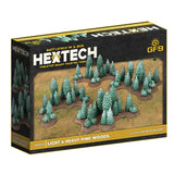 HexTech table-top game terrain set packaging with pine trees on a white background