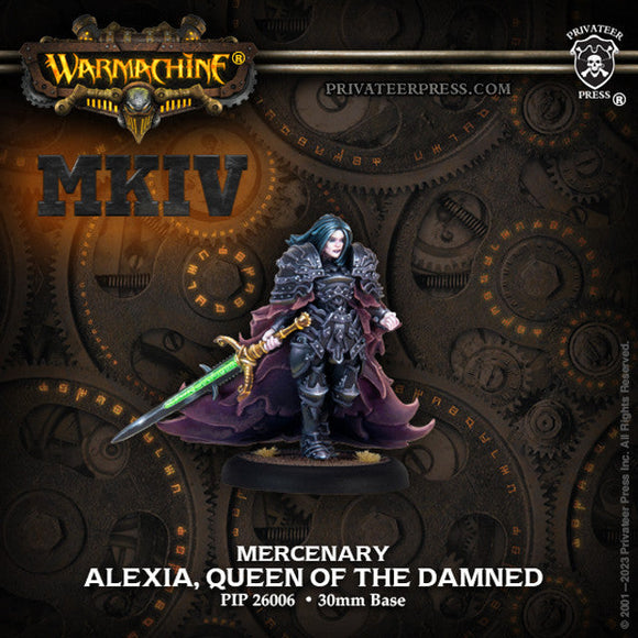 Warhammer figurine 'Mercenary Alexia, Queen of the Damned' on a dark background with gears.