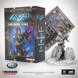 Framed figurine of a female marine from 'AVP' with packaging and card on a white background