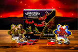 Game components including figures and a box with 'Chern Stave' branding on a wooden surface with a fiery background.