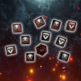 Set of dice with skull and dragon designs on a dark, smoky background with glowing embers.