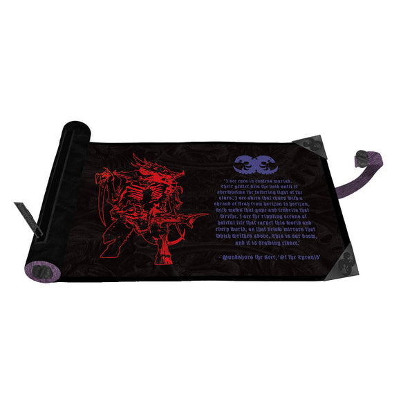 Black pouch with red and purple designs and text on a white background