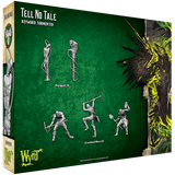 Game box for 'Tell No Tale' with miniature figures and Wyrd Games logo.
