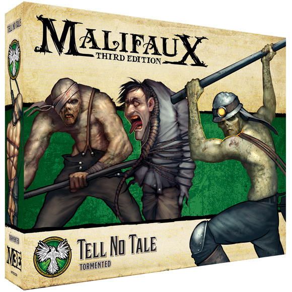 Malifaux Third Edition game box with three characters on a green background