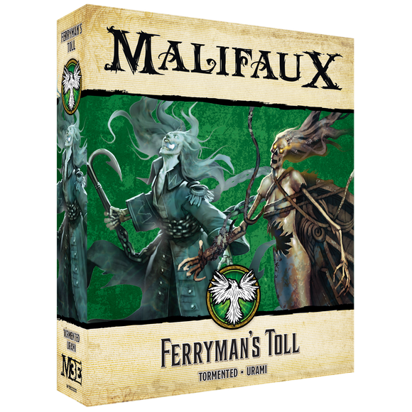Malifaux Ferryman's Toll game box with two characters on a green background