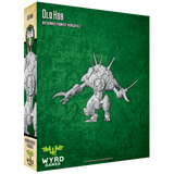 Box for a fantasy figurine with 'Wyrd Games' branding on a green background