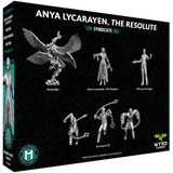 Box for 'Anya Lycarayen, The Resolute' with miniature figures on a black background