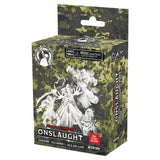 Box packaging of 'Onslaught' expansion for a game, featuring warrior figures on a camouflage background.