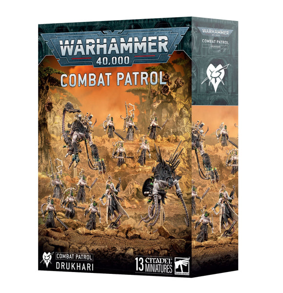 Warhammer 40,000 Combat Patrol game box with miniatures on a desert landscape