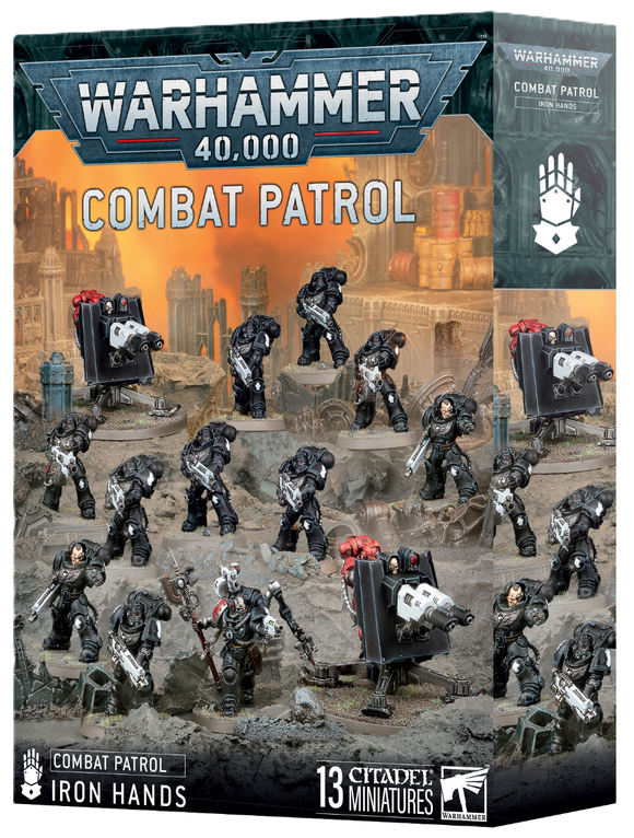 Warhammer 40,000 Combat Patrol game box with miniatures and characters on a detailed background.