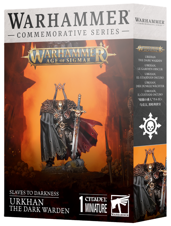 Warhammer Age of Sigmar figurine packaging with a dark warden in a hooded cloak holding a sword.