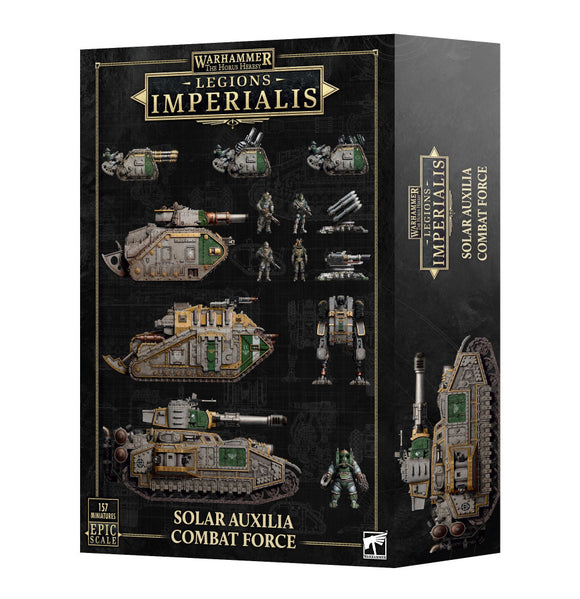 Warhammer Legions Imperialis Solar Auxilia Combat Force box with model images on a black background
