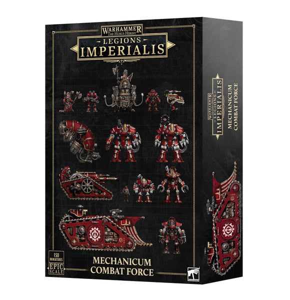 Warhammer Legions Imperialis Mechanicum Combat Force box with model images on a black background
