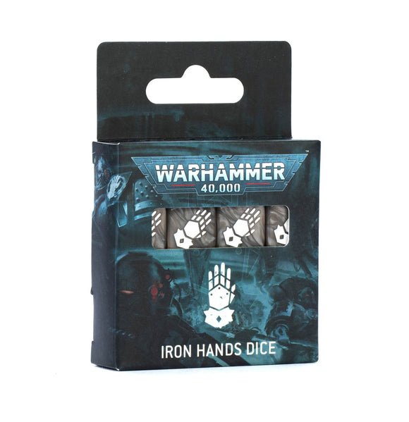 Warhammer 40,000 Iron Hands dice set packaging on a white background